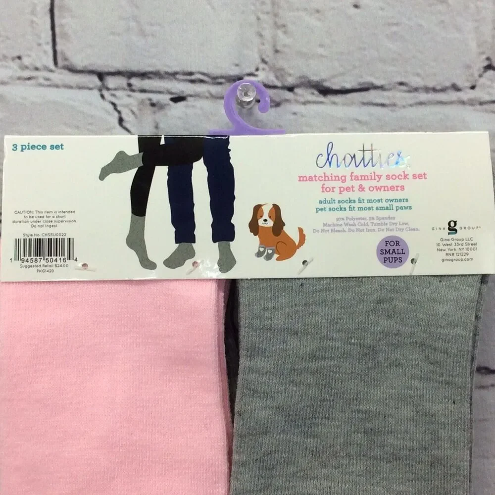 Chatties Matching Sock Set Family Pet & Owner Small Pups Dad Mom Cozy Pink/Gray